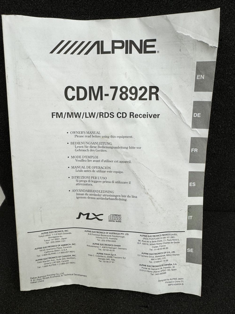 Alpine Cdm-7892r Car Radio Stereo Genuine Instruction Manual